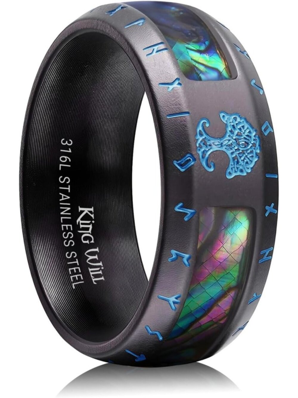 Viking Wedding Ring with Tree of Life & Abalone Shell, Sizes 7-14, Unique Design
